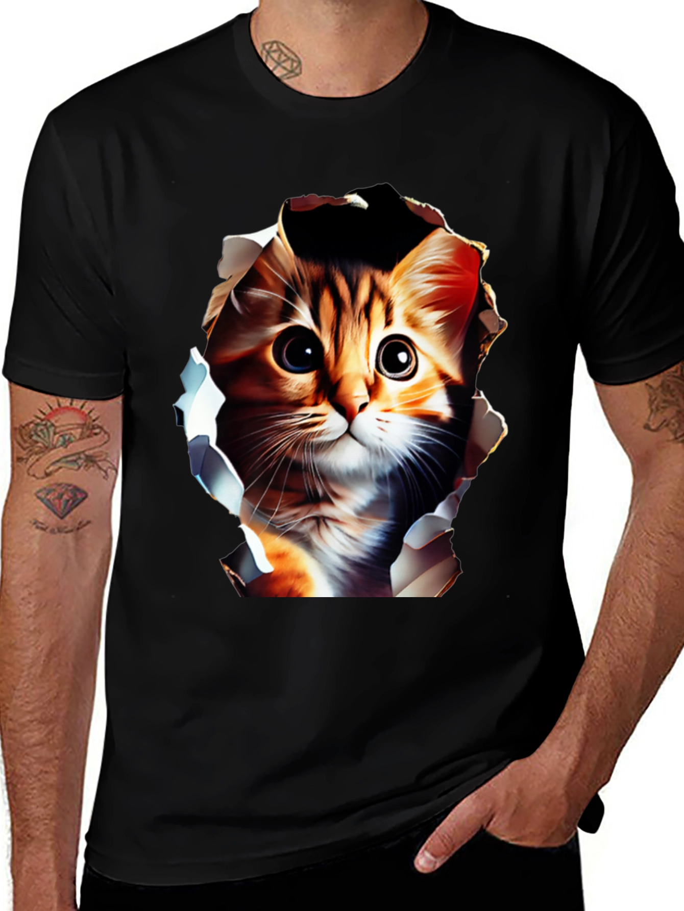 Cute Cat Graphic Tee - Mens Black T-Shirt