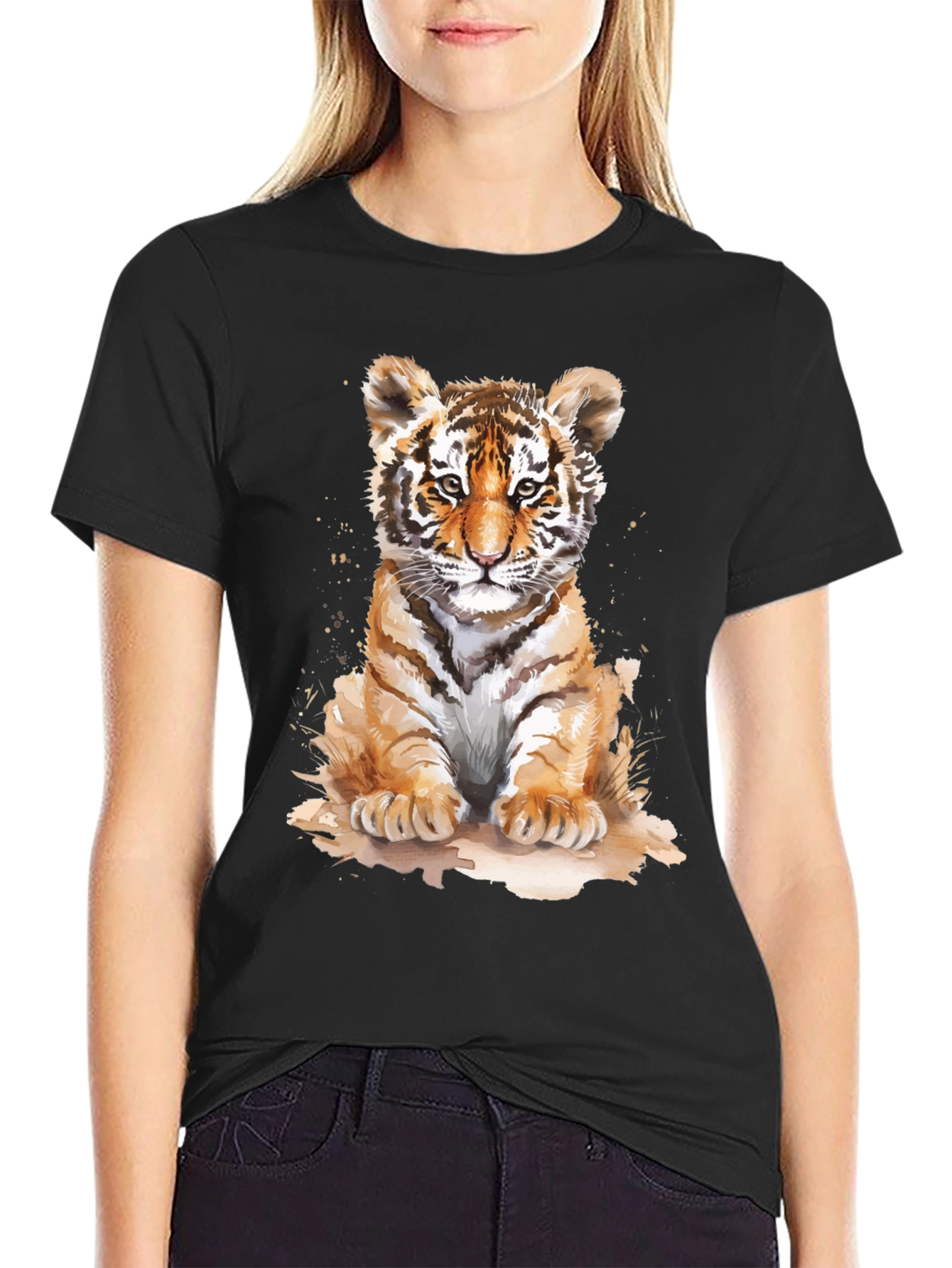 Cute Tiger Cub Graphic Tee - Black Cotton T-Shirt