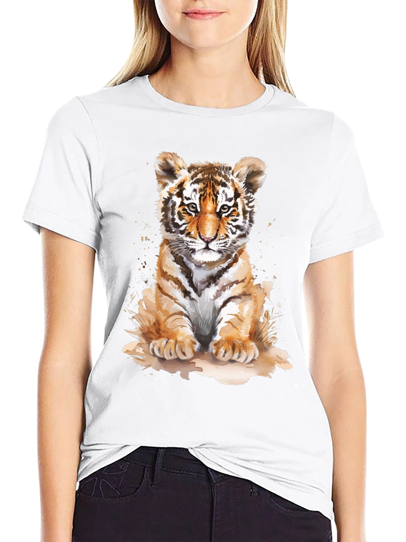 Cute Tiger Cub Graphic Tee - Black Cotton T-Shirt