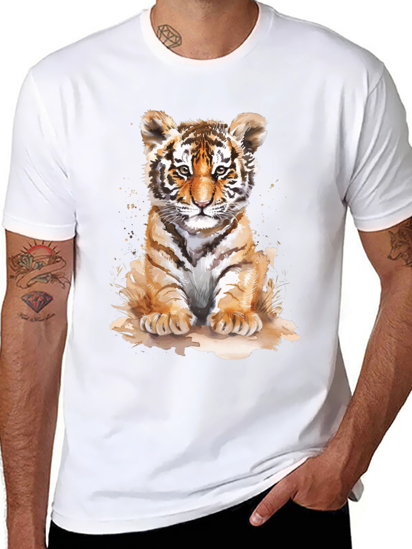 Cute Tiger Cub Graphic Tee - Black Cotton T-Shirt