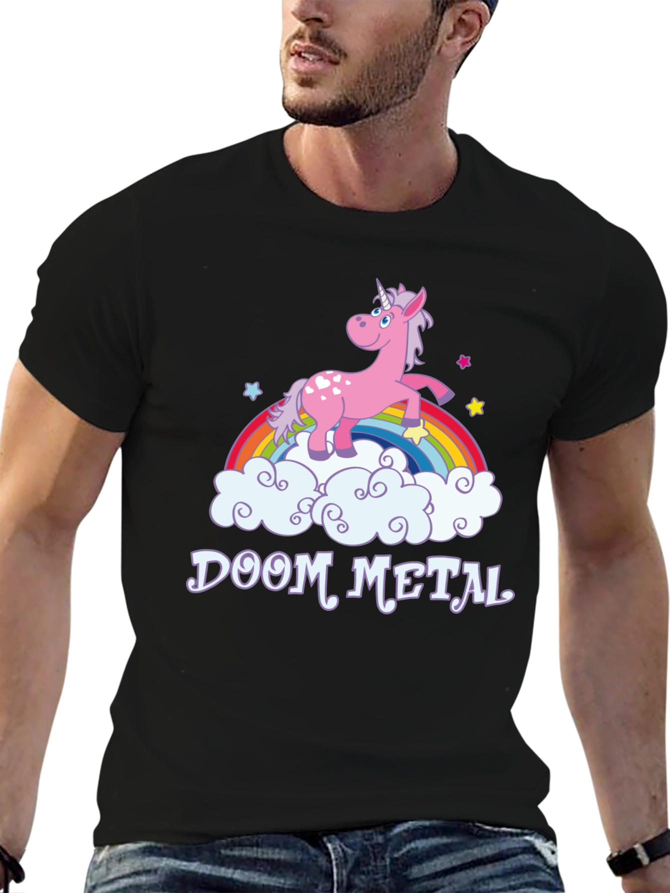 Doom Metal Unicorn Rainbow Graphic T-Shirt