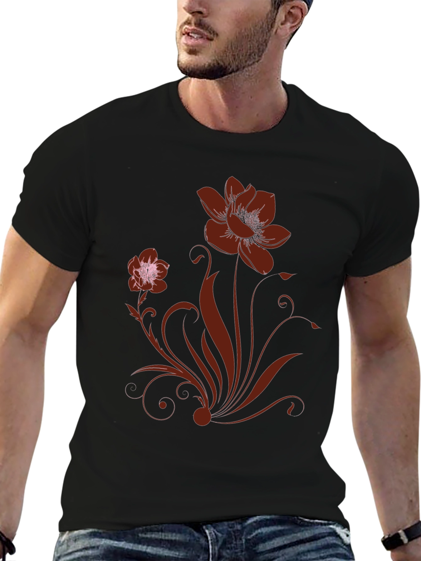 Floral Design Black T-Shirt
