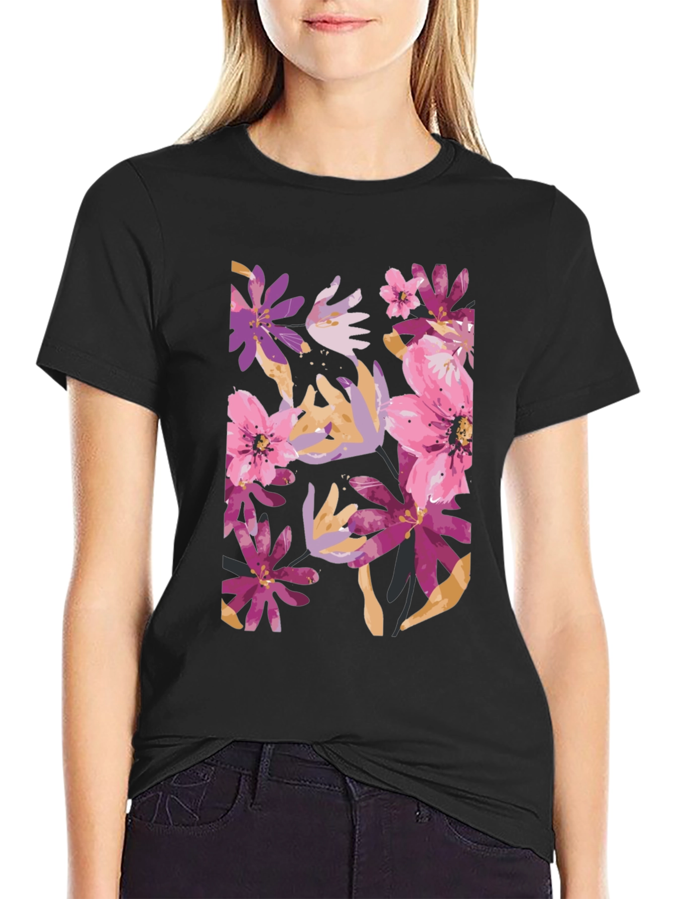 Floral Print Black Tee - Vibrant and Stylish