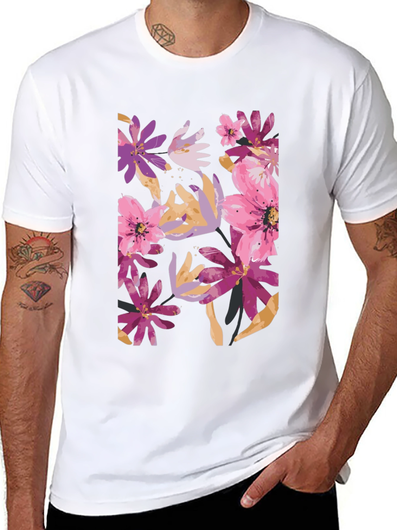 Floral Print Black Tee - Vibrant and Stylish