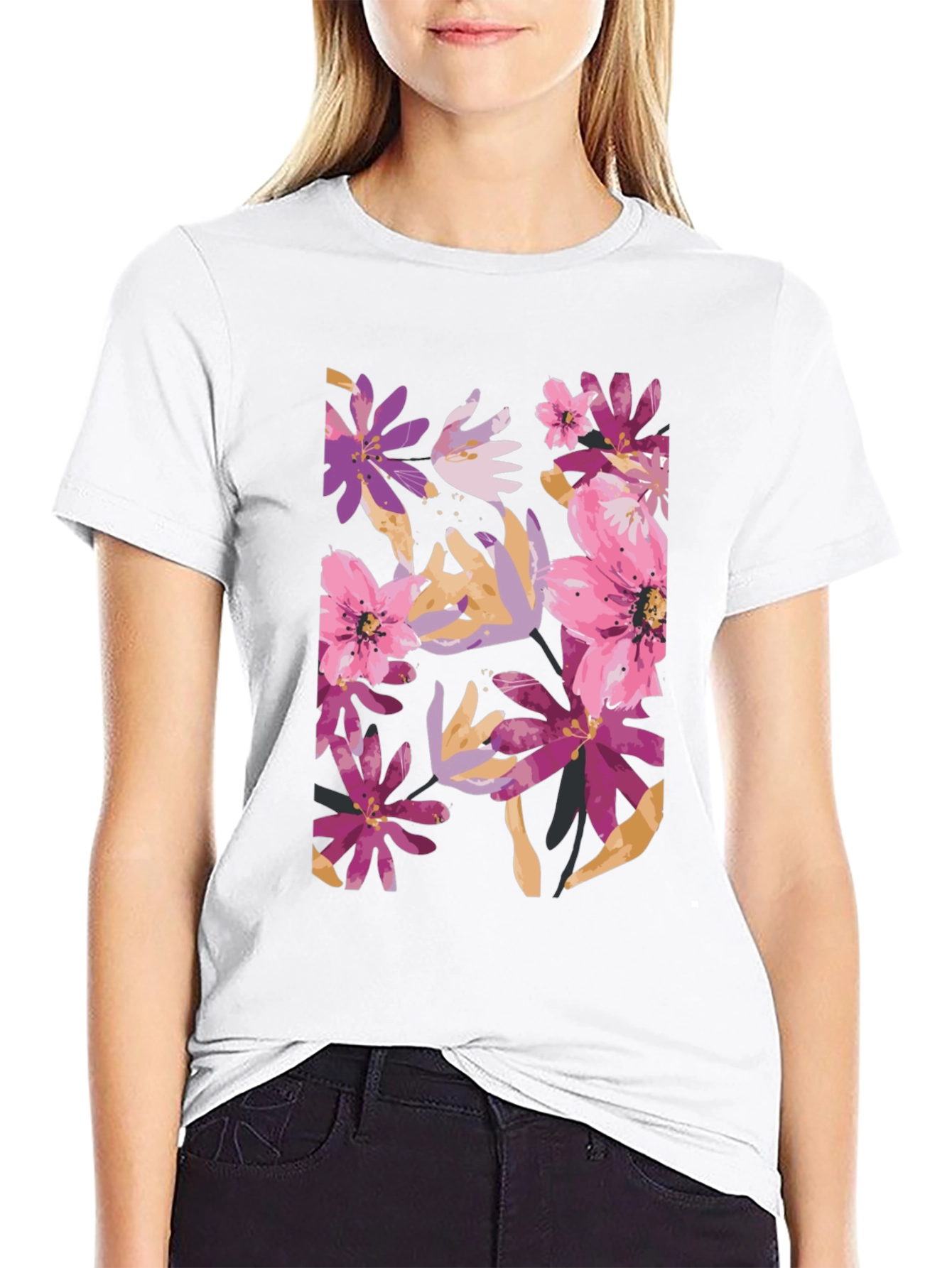 Floral Print Black Tee - Vibrant and Stylish