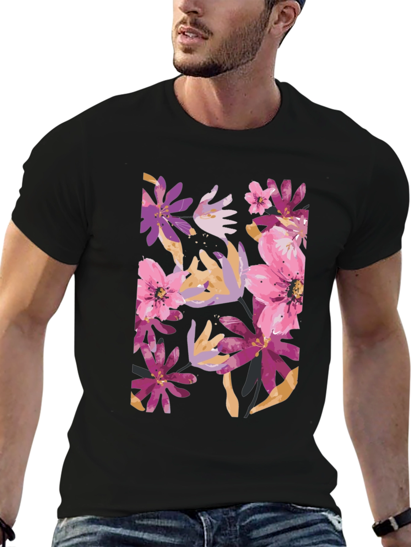 Floral Print Black Tee - Vibrant and Stylish