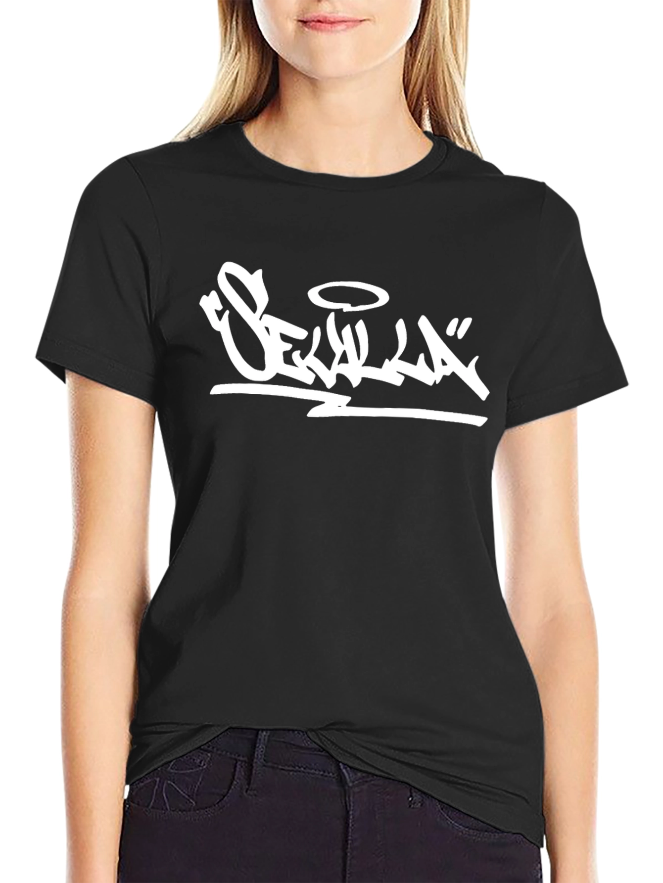 Black T-Shirt with White Graphic Print