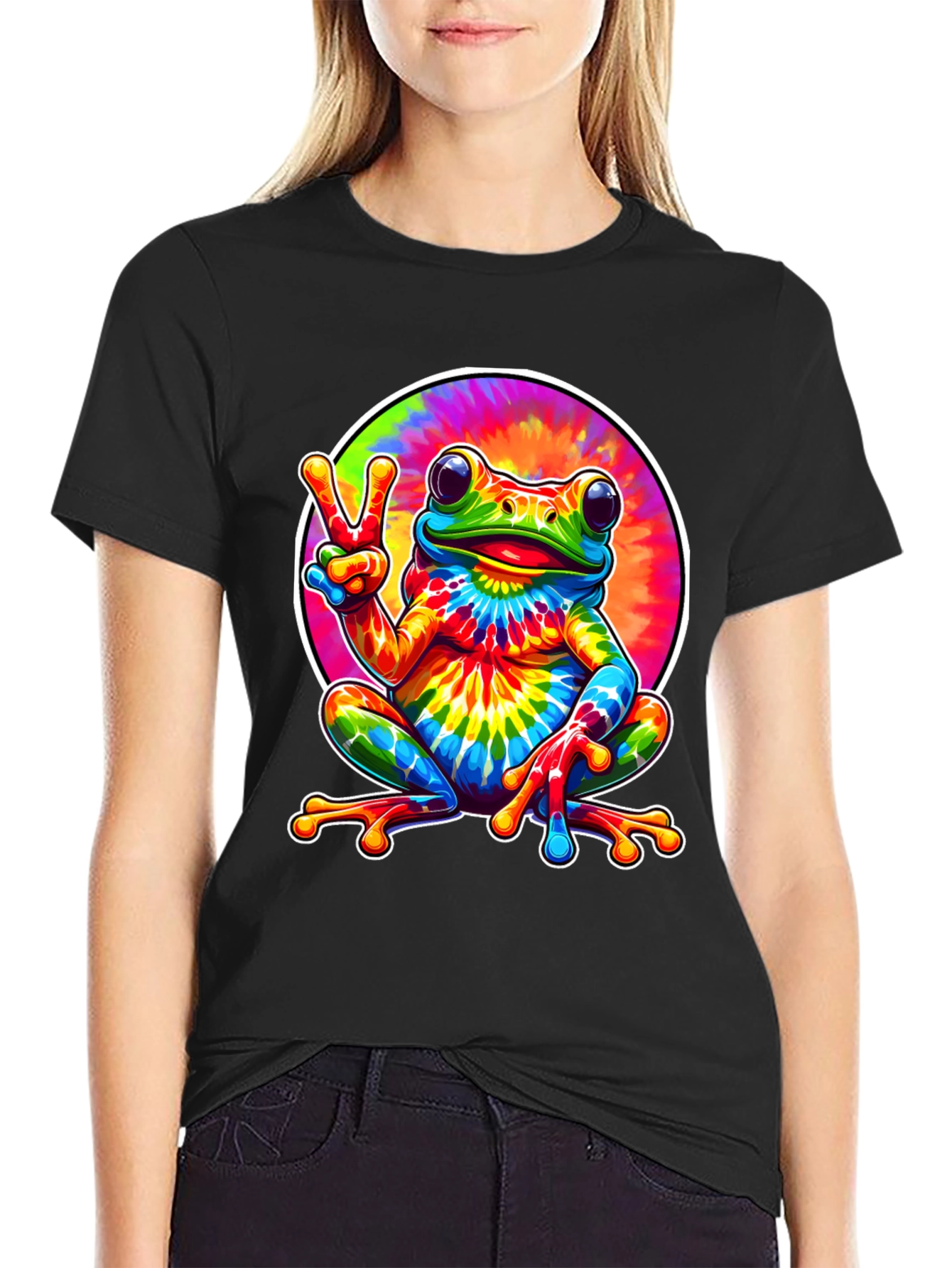 Tie Dye Frog Peace Sign Graphic T-Shirt