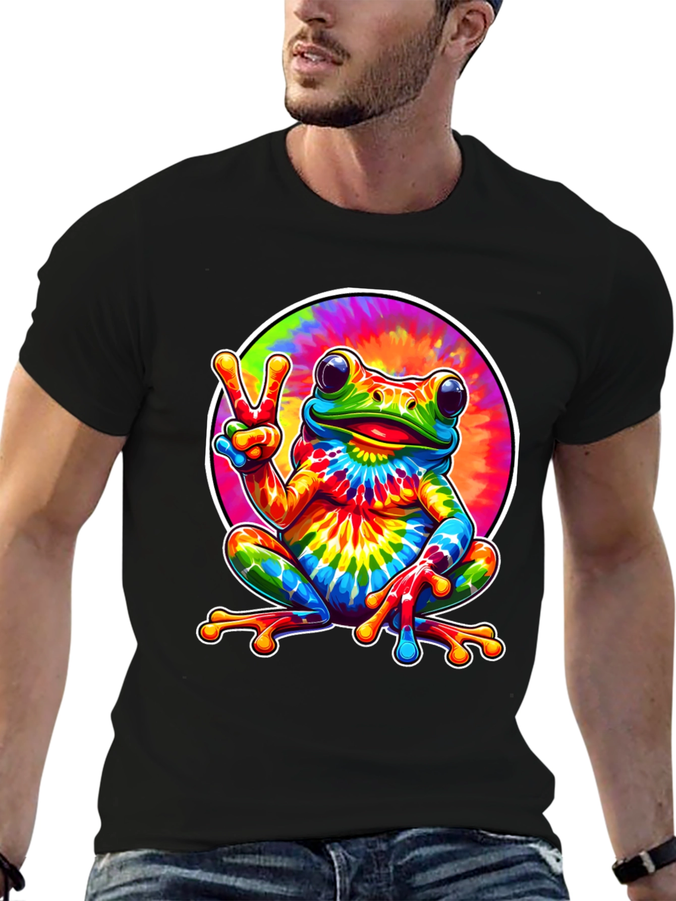 Tie Dye Frog Peace Sign Graphic T-Shirt