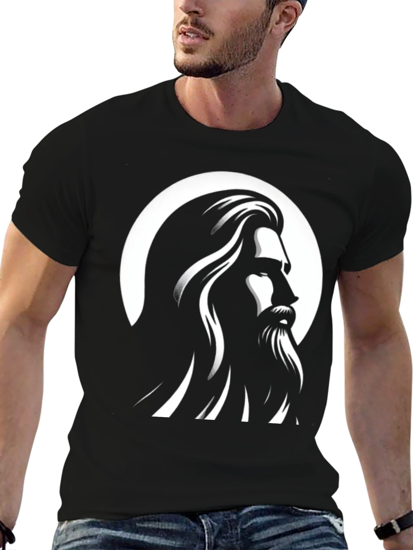 Black Graphic Tee - Bearded Man Silhouette Design