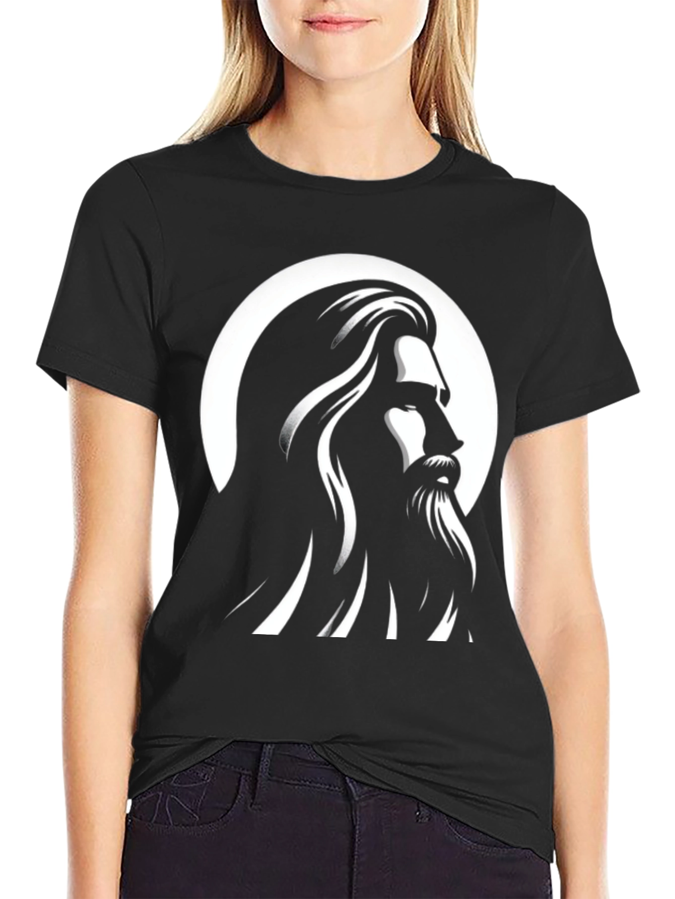 Black Graphic Tee - Bearded Man Silhouette Design