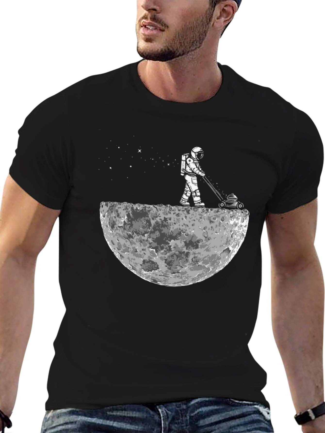 Astronaut Moon Mowing Black T-Shirt