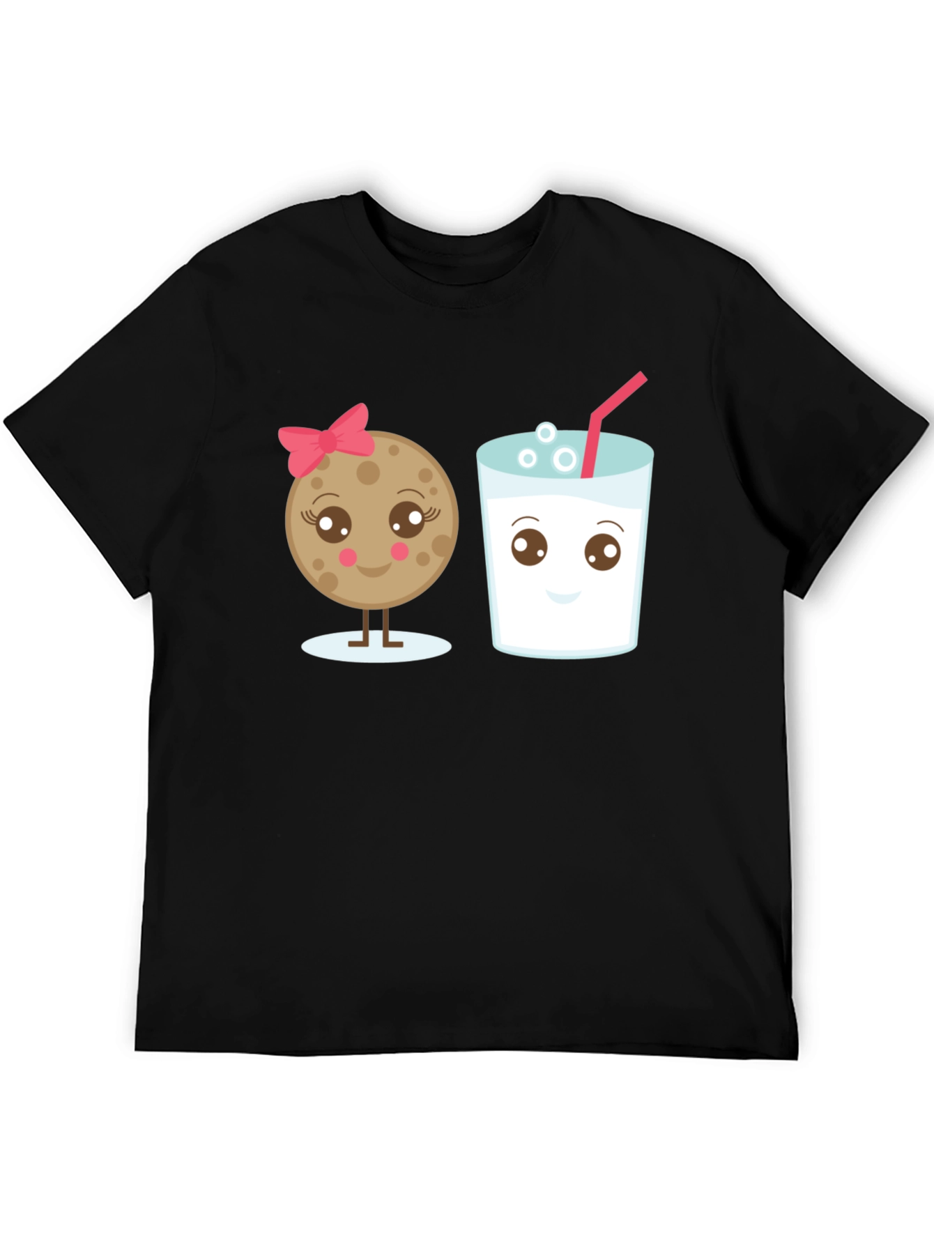 Cute Cookie & Milk Graphic Black T-Shirt