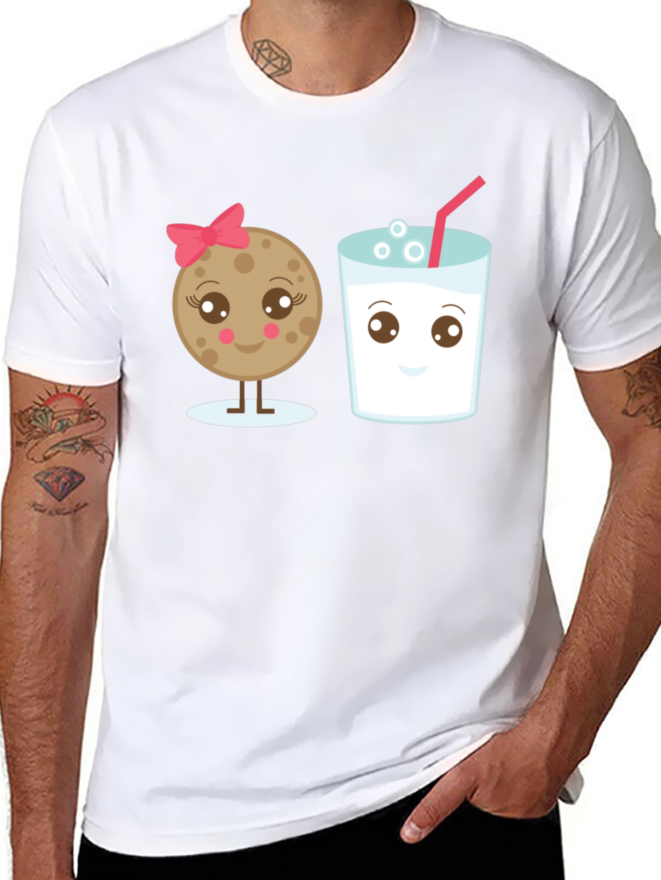 Cute Cookie & Milk Graphic Black T-Shirt