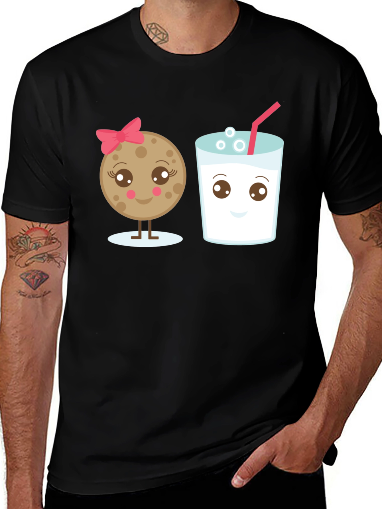 Cute Cookie & Milk Graphic Black T-Shirt