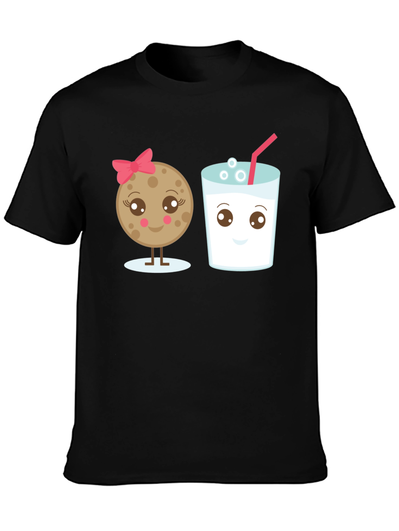 Cute Cookie & Milk Graphic Black T-Shirt