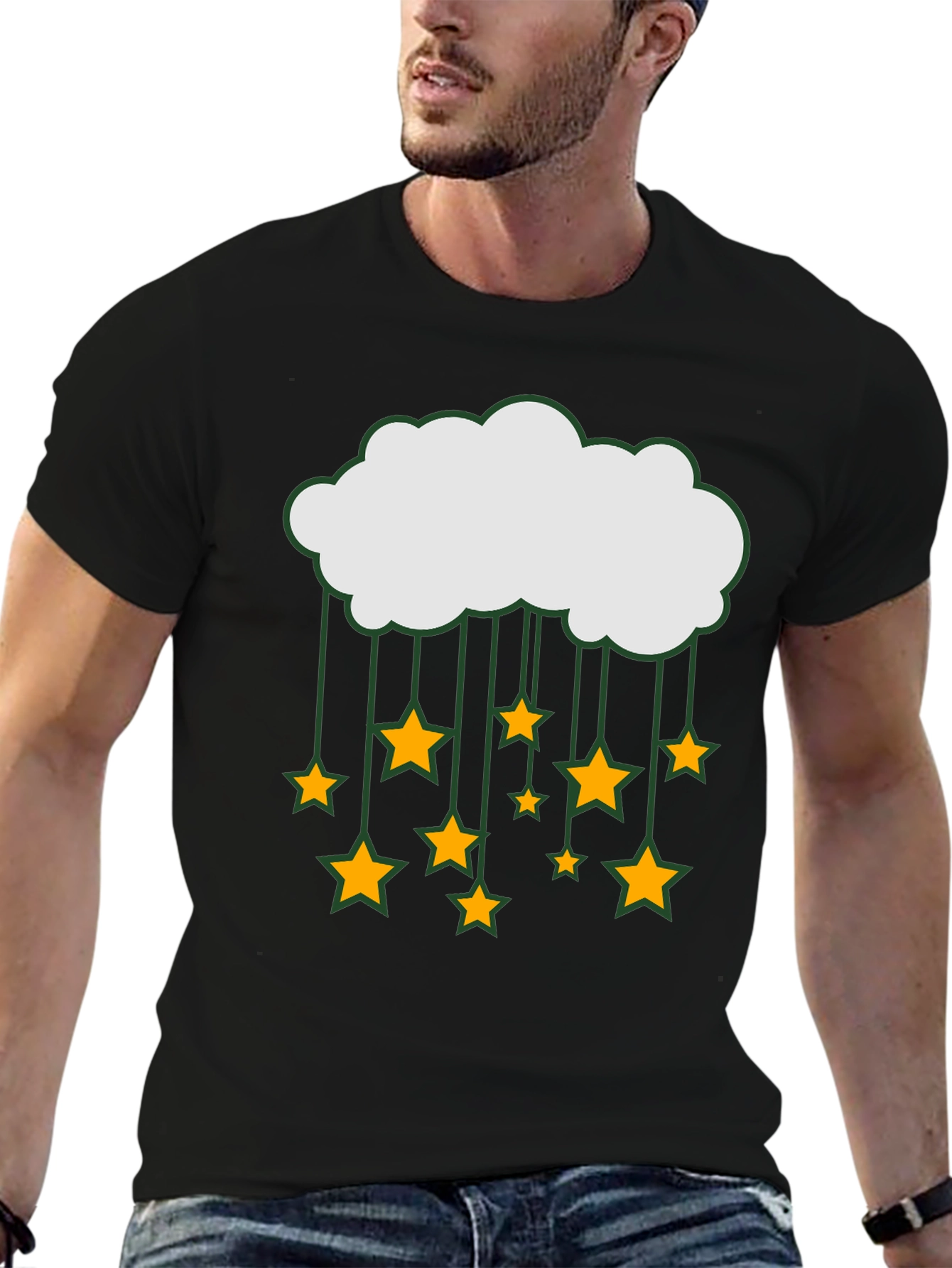 Cloud and Stars Graphic Tee - Black Cotton T-Shirt