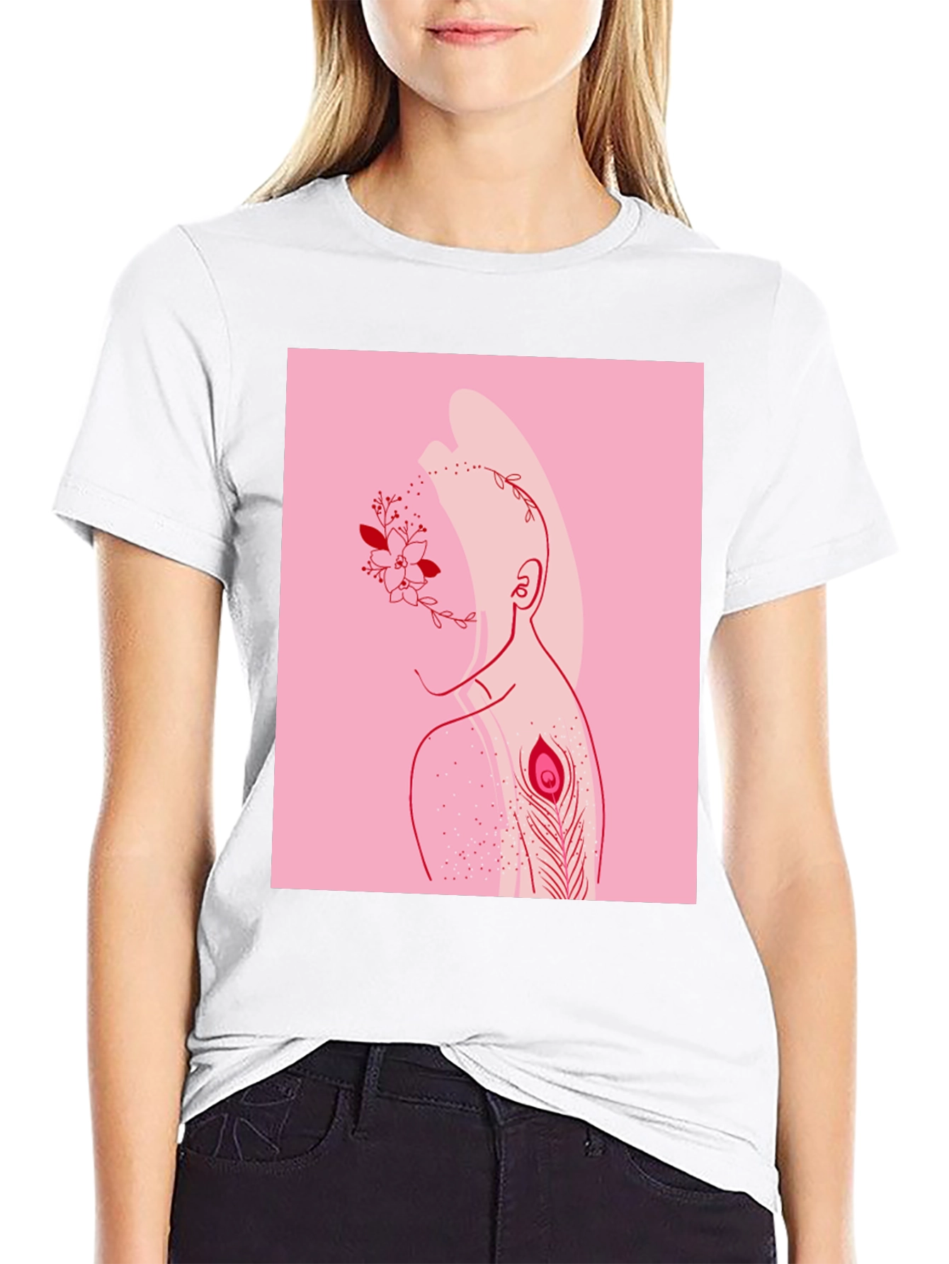 Modern Artistic T-Shirt: Floral & Peacock Design