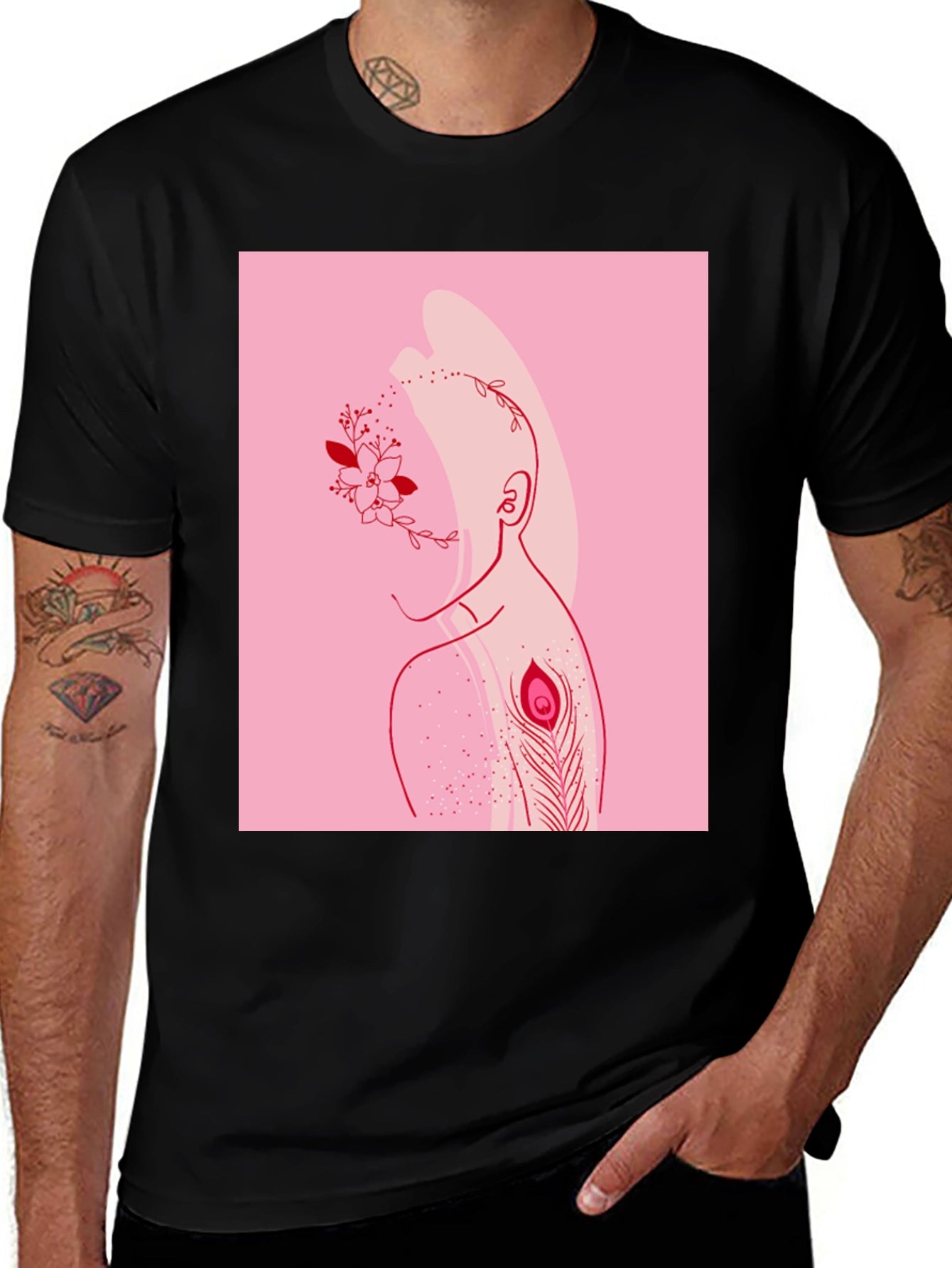 Modern Artistic T-Shirt: Floral & Peacock Design