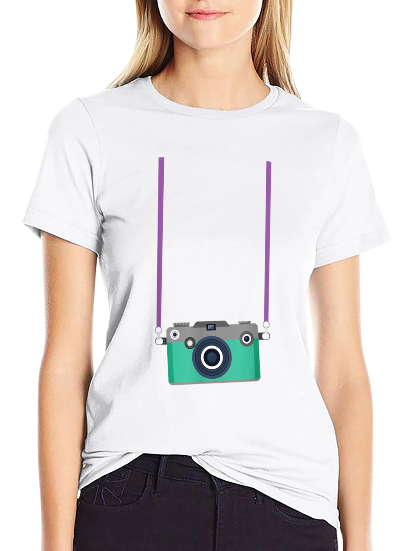 Retro Camera Graphic Tee - Black Cotton Casual Shirt