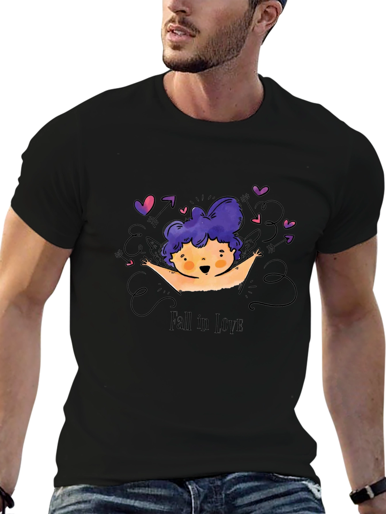 Fall in Love Cupid Graphic Tee - Black