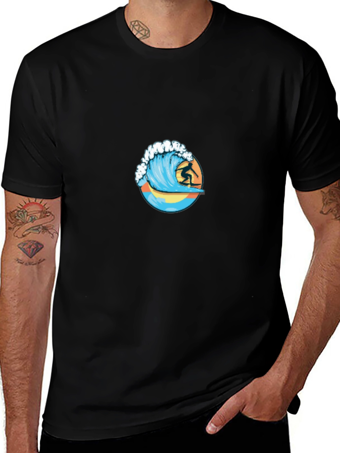 Surfing Wave Graphic Tee - Black Cotton T-Shirt