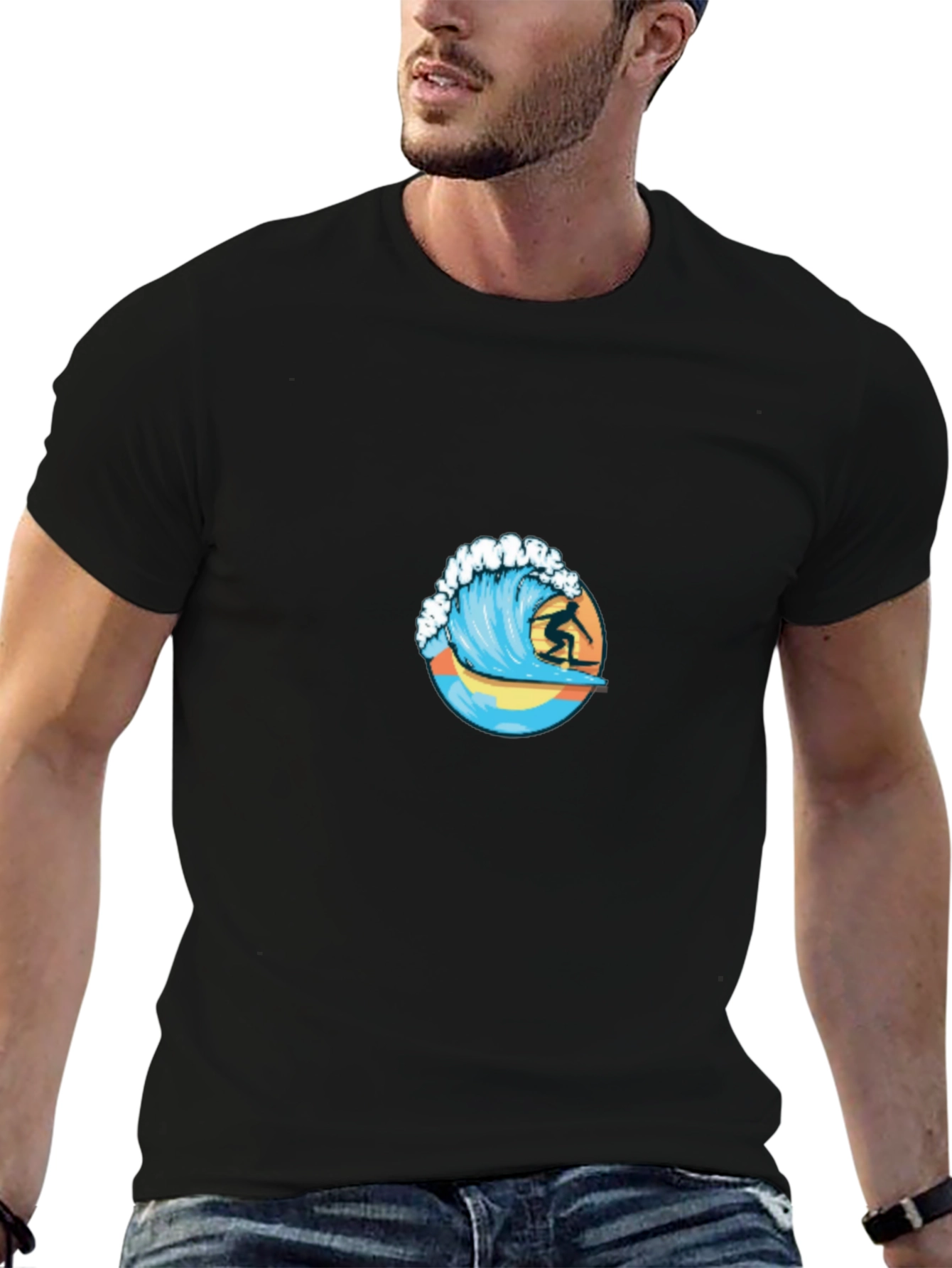 Surfing Wave Graphic Tee - Black Cotton T-Shirt