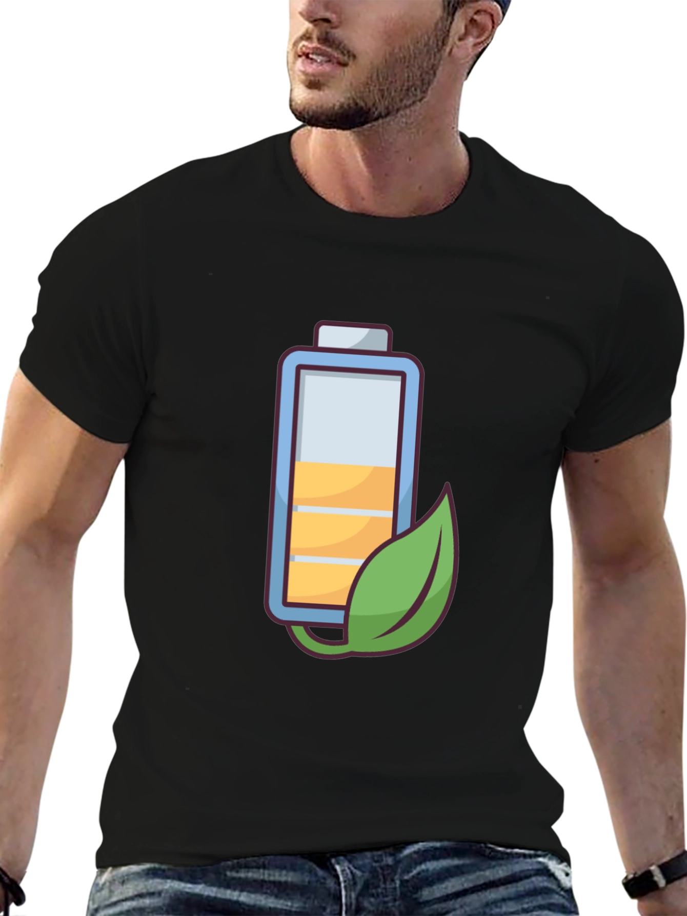 Eco-Friendly Battery Graphic Tee - Black Cotton Blend