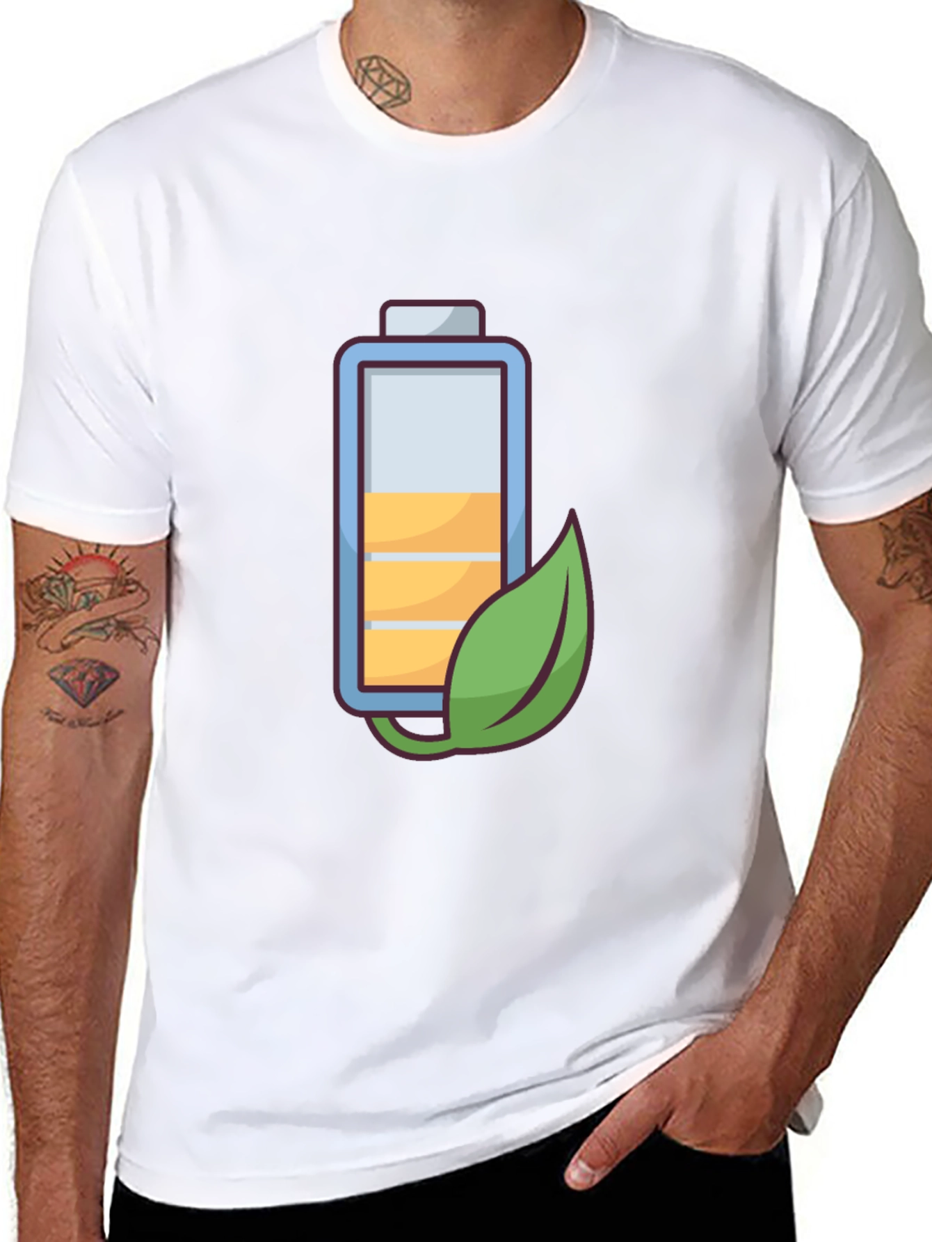 Eco-Friendly Battery Graphic Tee - Black Cotton Blend