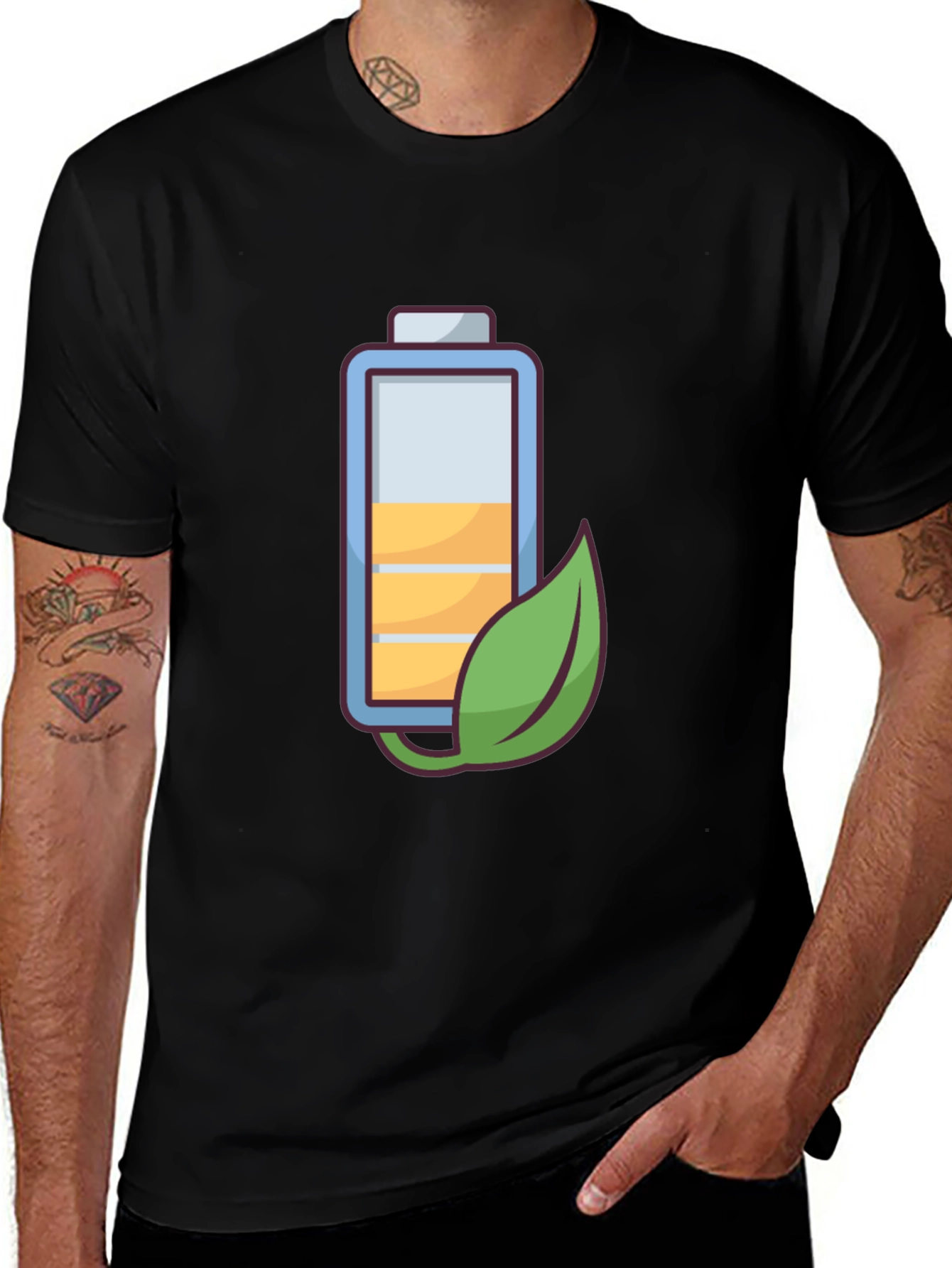 Eco-Friendly Battery Graphic Tee - Black Cotton Blend