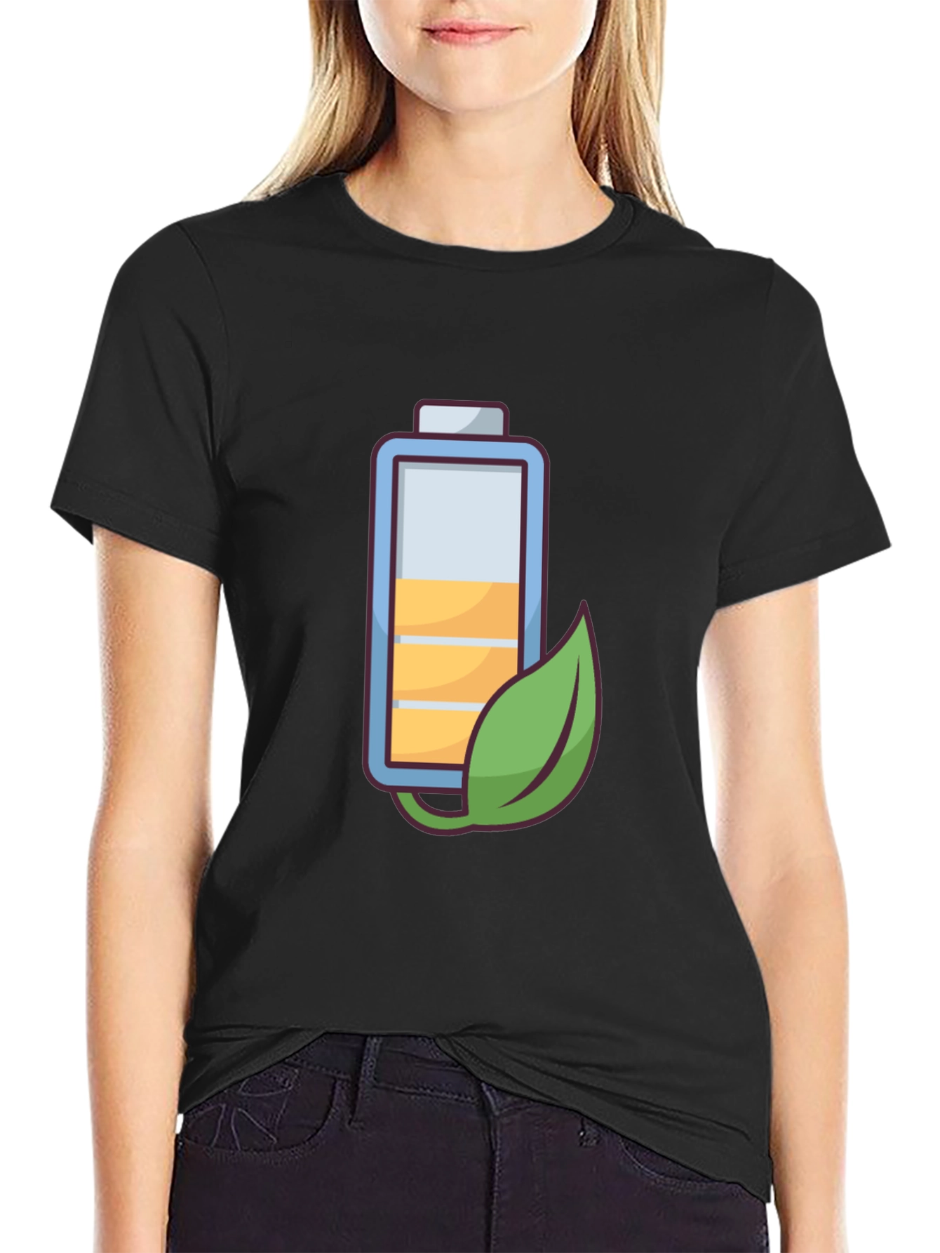 Eco-Friendly Battery Graphic Tee - Black Cotton Blend