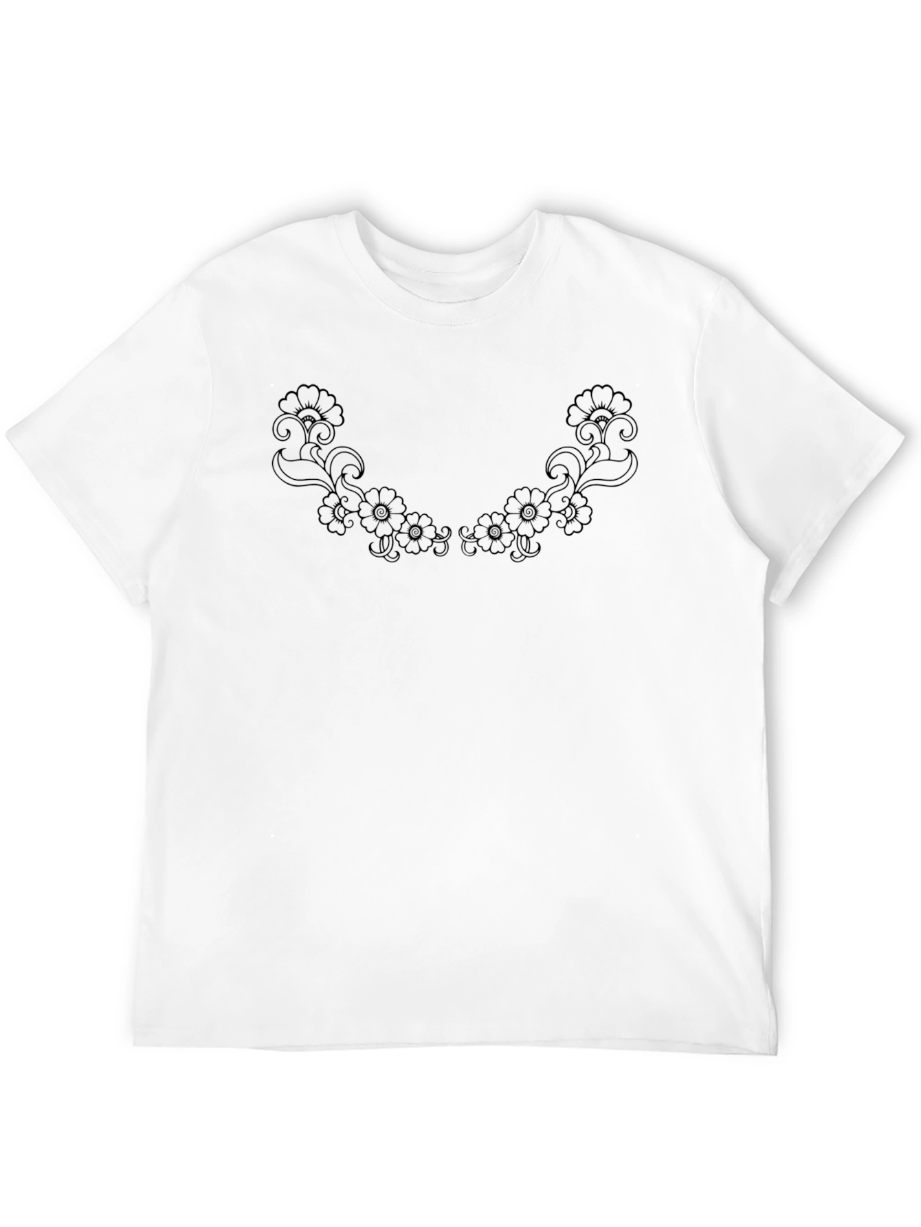 Floral Neckline Tee - Elegant Black Cotton T-Shirt