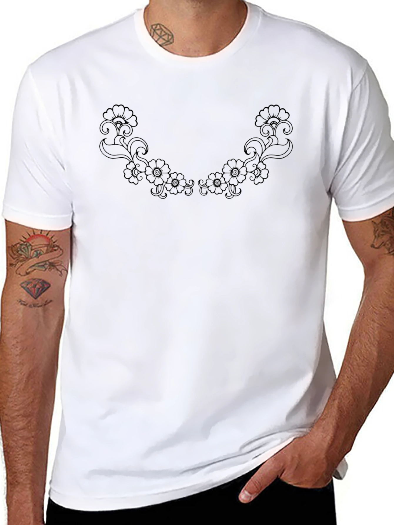 Floral Neckline Tee - Elegant Black Cotton T-Shirt