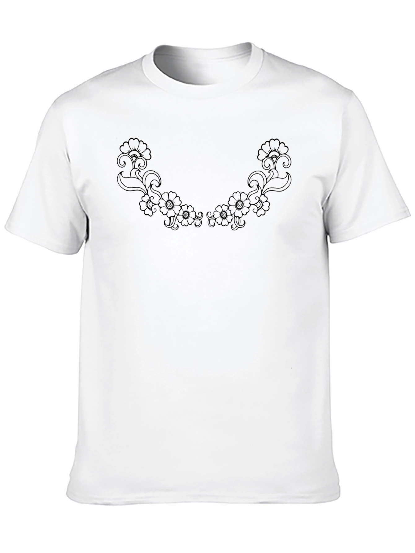 Floral Neckline Tee - Elegant Black Cotton T-Shirt