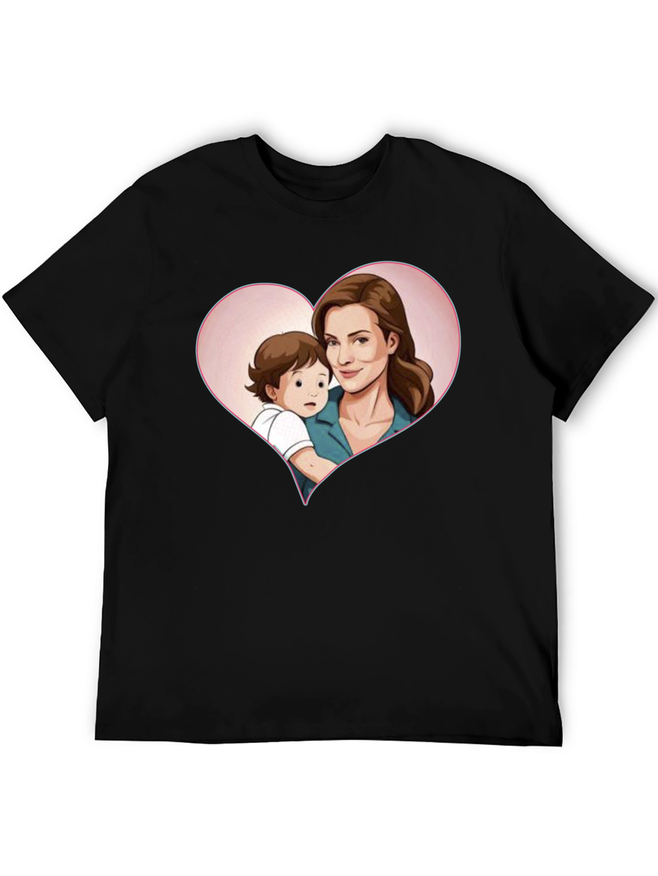 Heartwarming Mother & Child Cartoon Print Black Tee