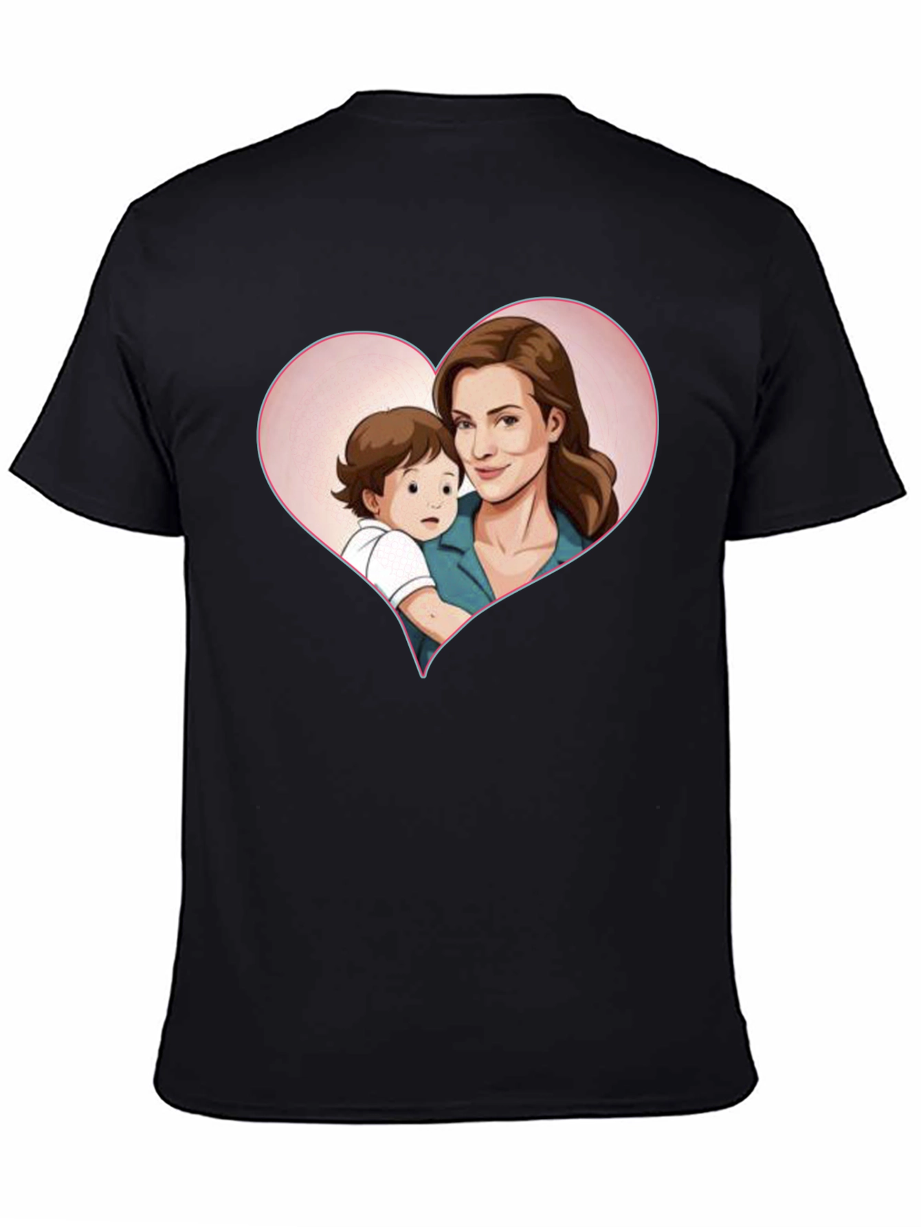 Heartwarming Mother & Child Cartoon Print Black Tee
