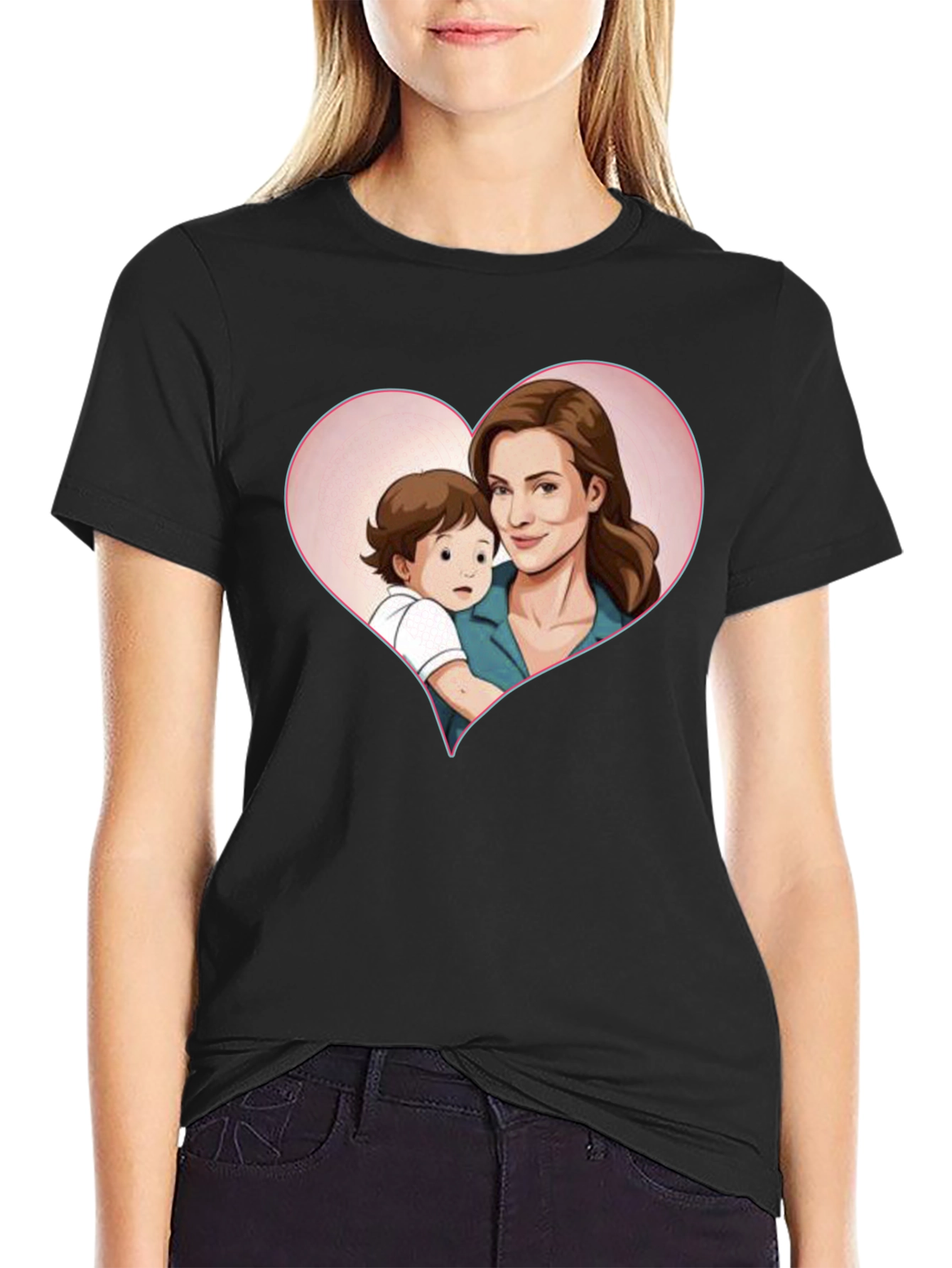 Heartwarming Mother & Child Cartoon Print Black Tee