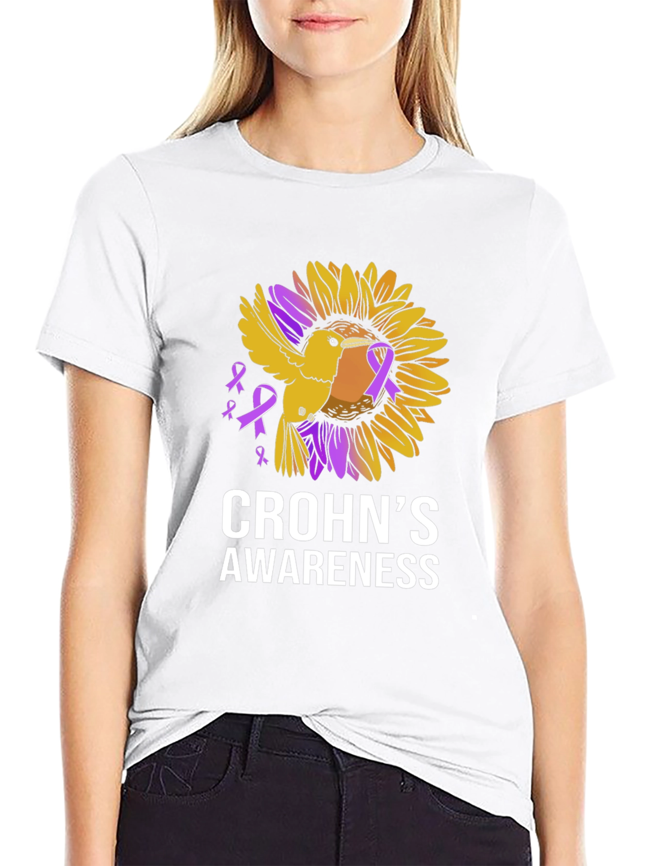 Crohns Awareness T-Shirt - Sunflower Bird Design