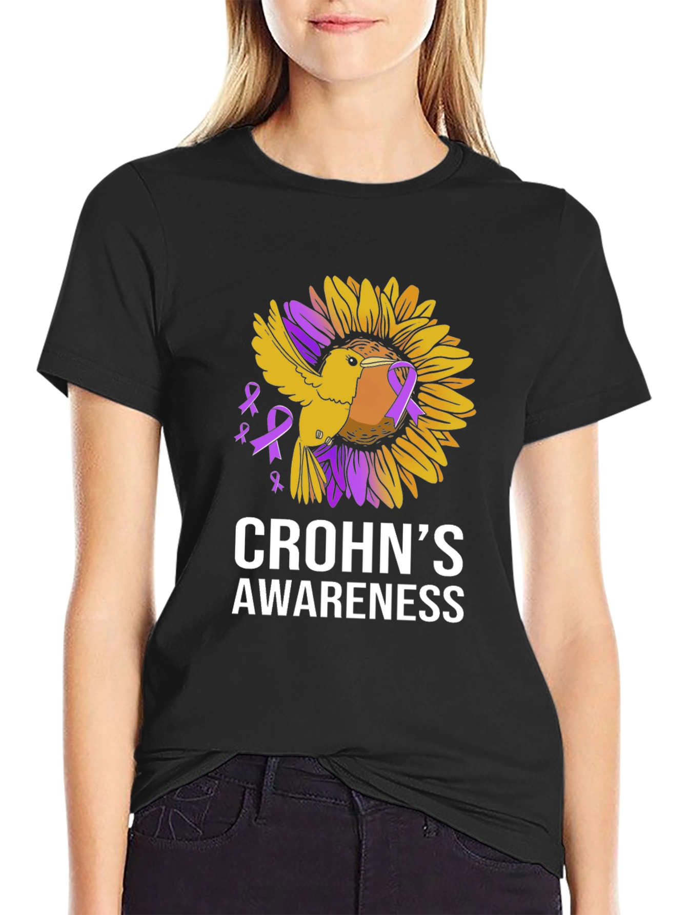 Crohns Awareness T-Shirt - Sunflower Bird Design
