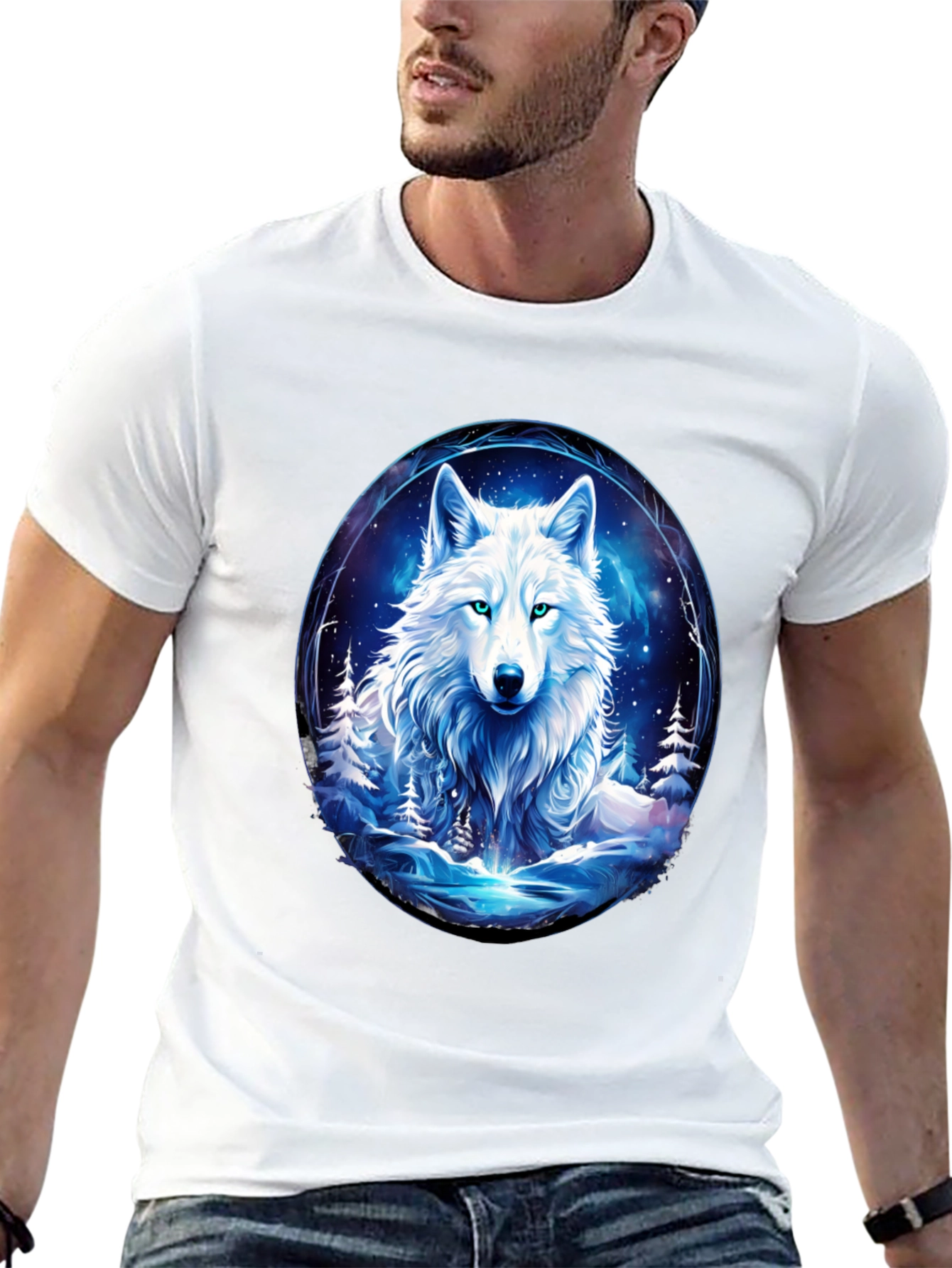 Wolf in Winter Scene Black T-Shirt