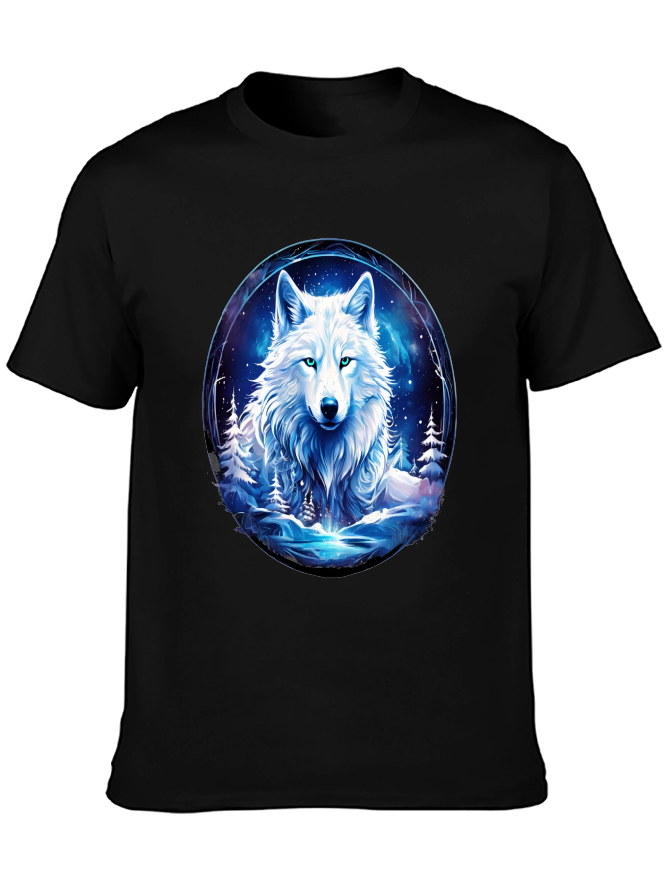 Wolf in Winter Scene Black T-Shirt