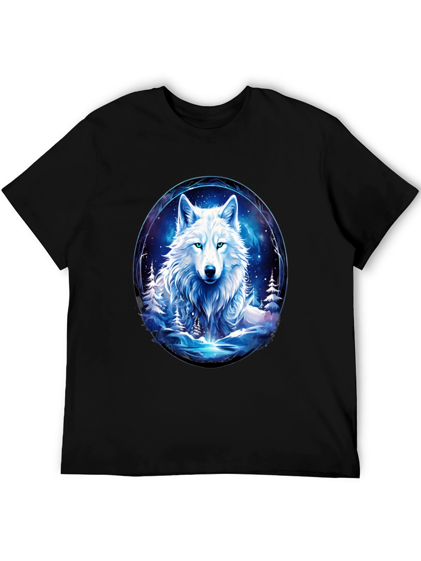 Wolf in Winter Scene Black T-Shirt