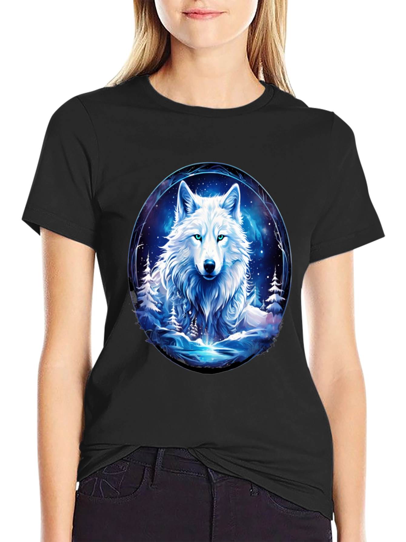 Wolf in Winter Scene Black T-Shirt