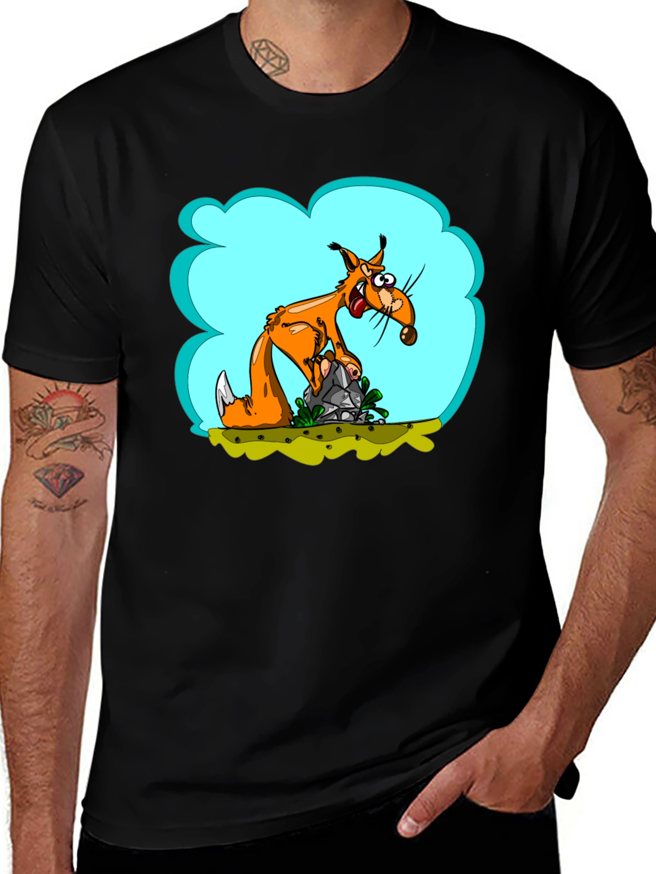 Cartoon Fox Black T-Shirt