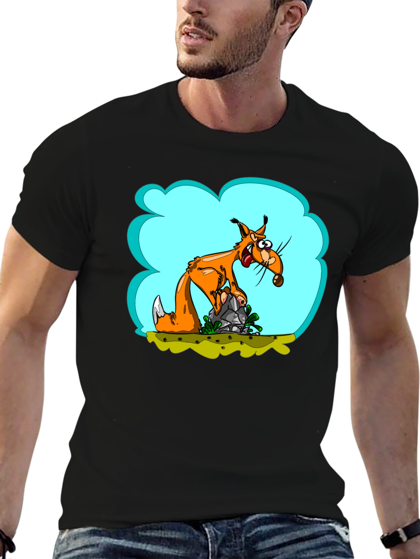 Cartoon Fox Black T-Shirt