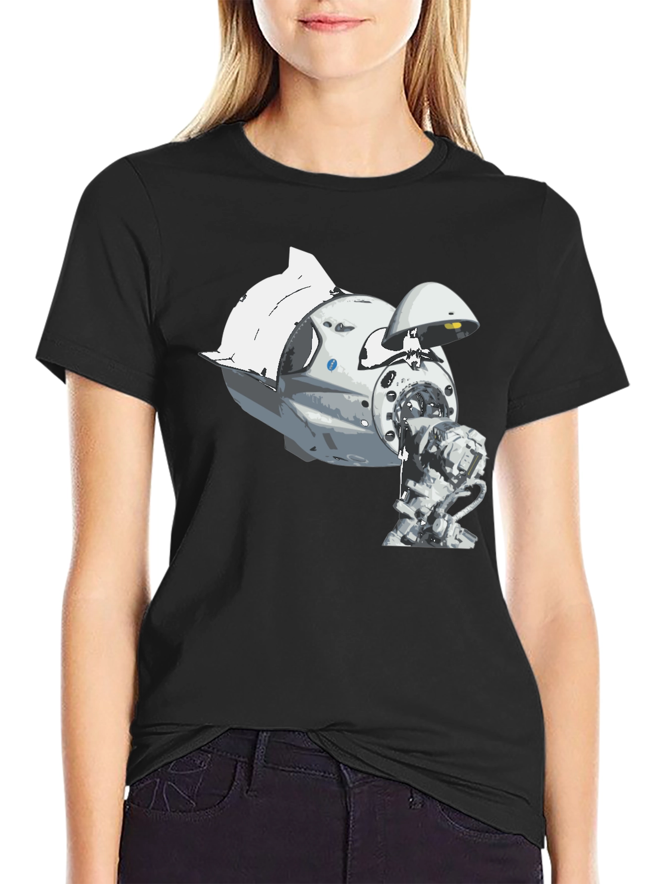 Spacecraft Graphic Tee - Black Cotton Crew Neck