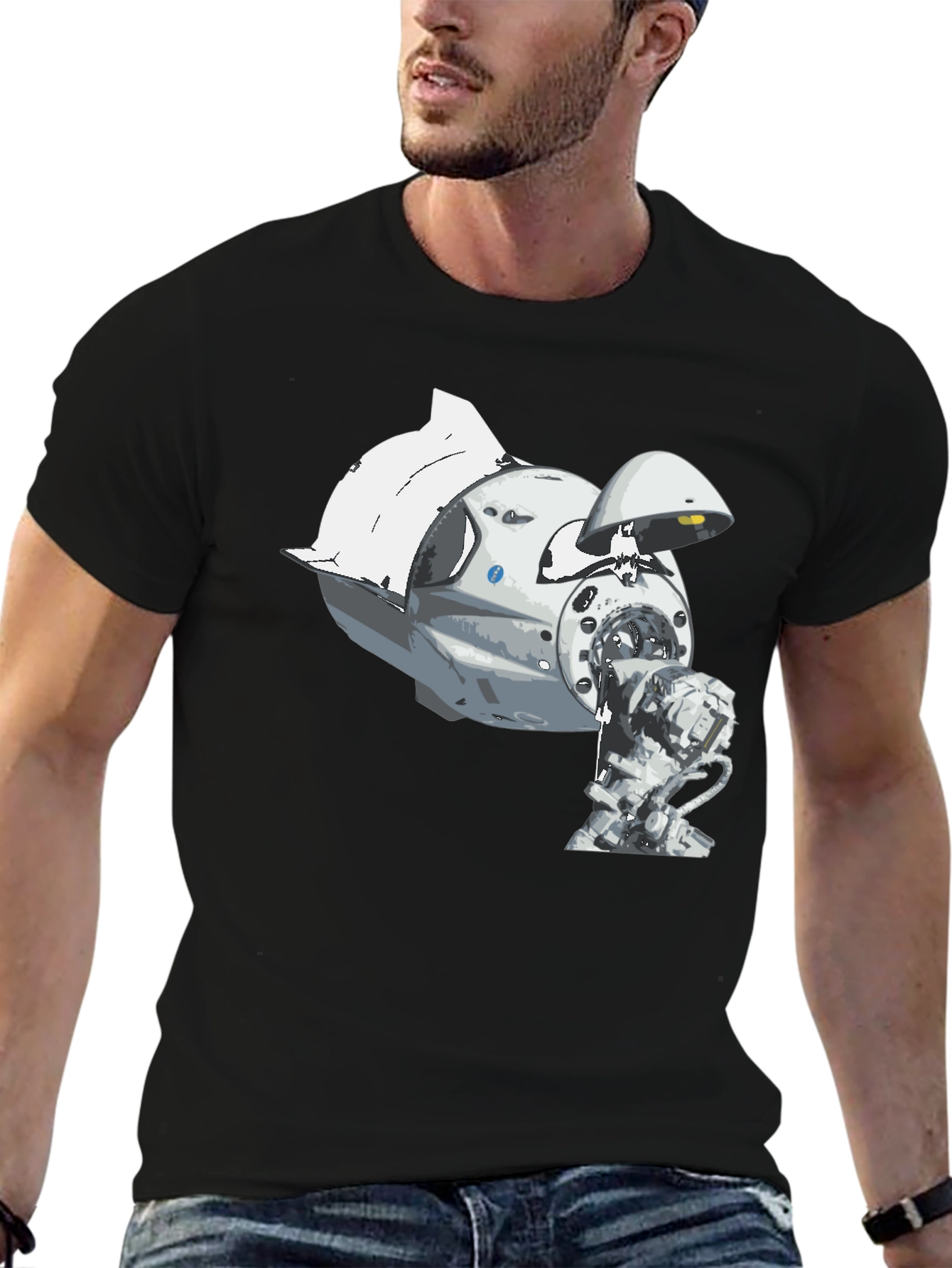 Spacecraft Graphic Tee - Black Cotton Crew Neck
