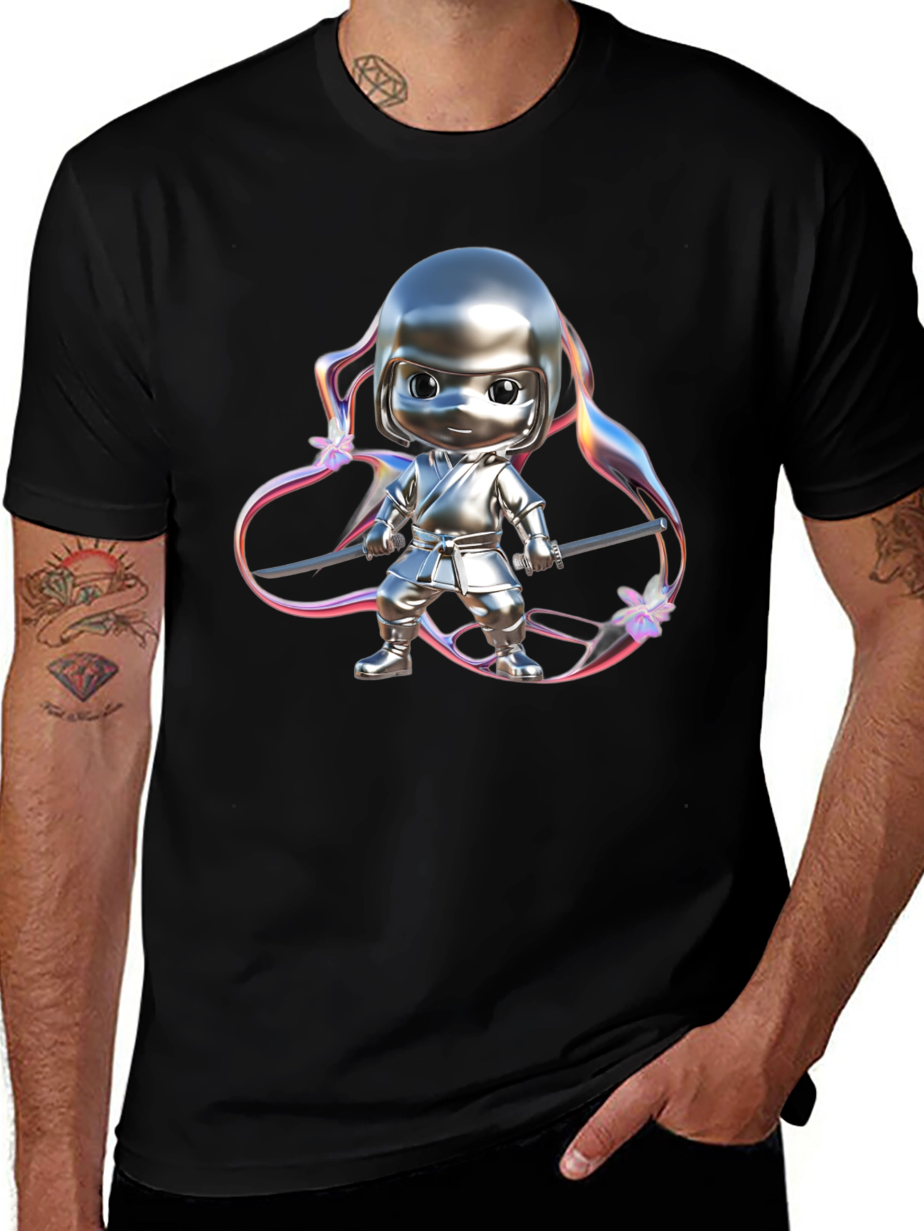 Ninja Cartoon Graphic Black T-Shirt
