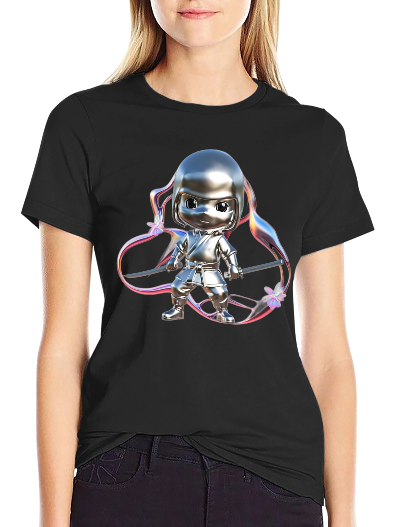 Ninja Cartoon Graphic Black T-Shirt