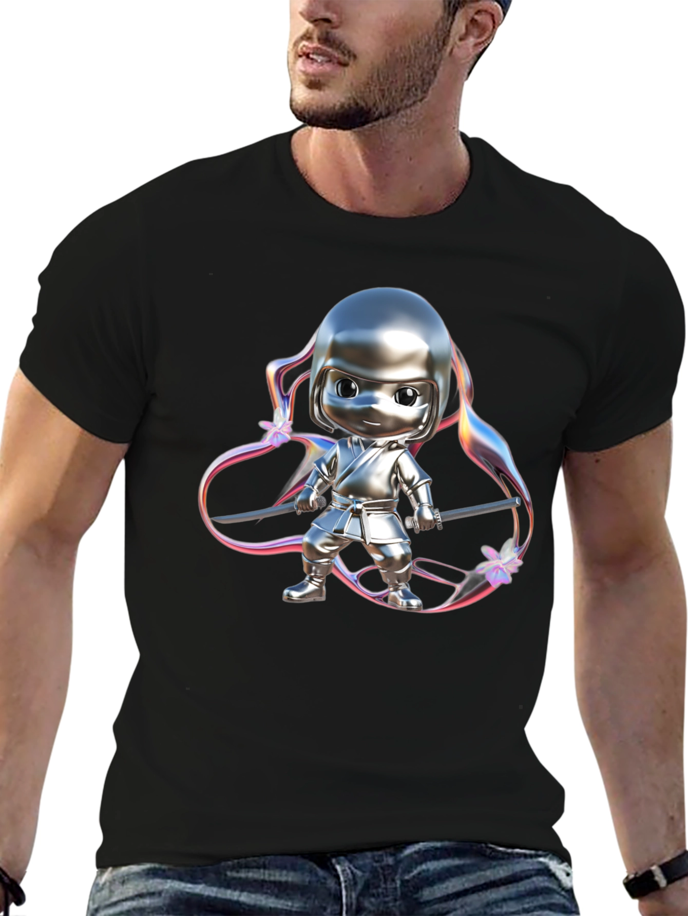 Ninja Cartoon Graphic Black T-Shirt